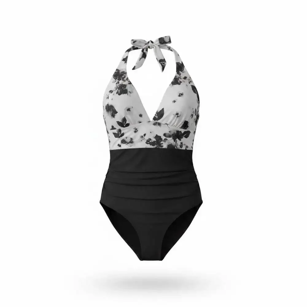Black and White Floral Halter One Piece Swimsuit